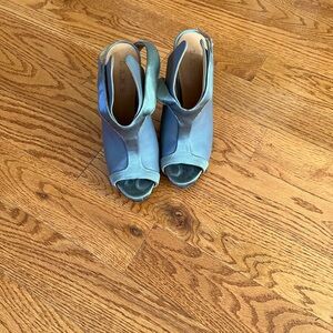L.A.M.B heels slight platform grey satin, velvet heel.